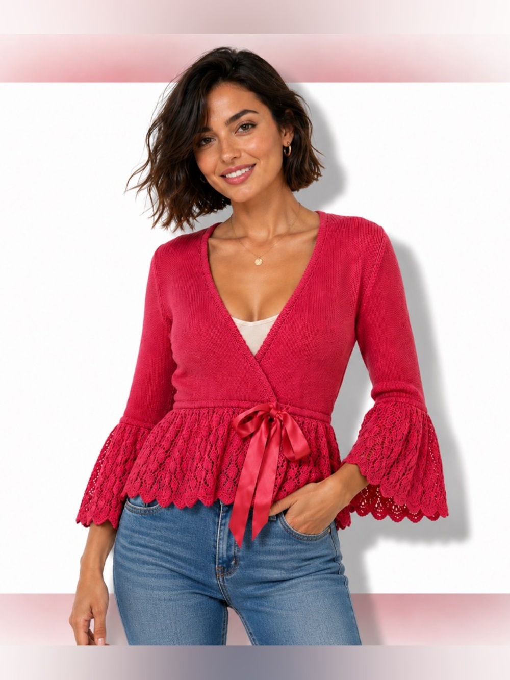 Vintage Y2K No Boundaries Hot Pink Lace Peplum Tie Cardigan